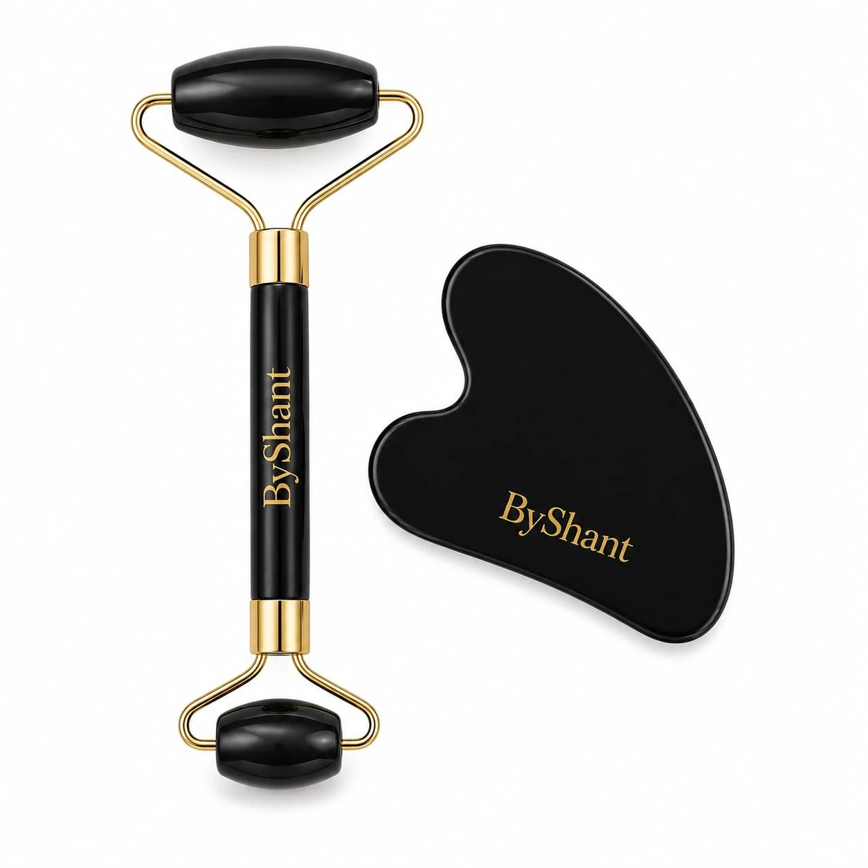 Black ByShant facial roller and gua sha set
