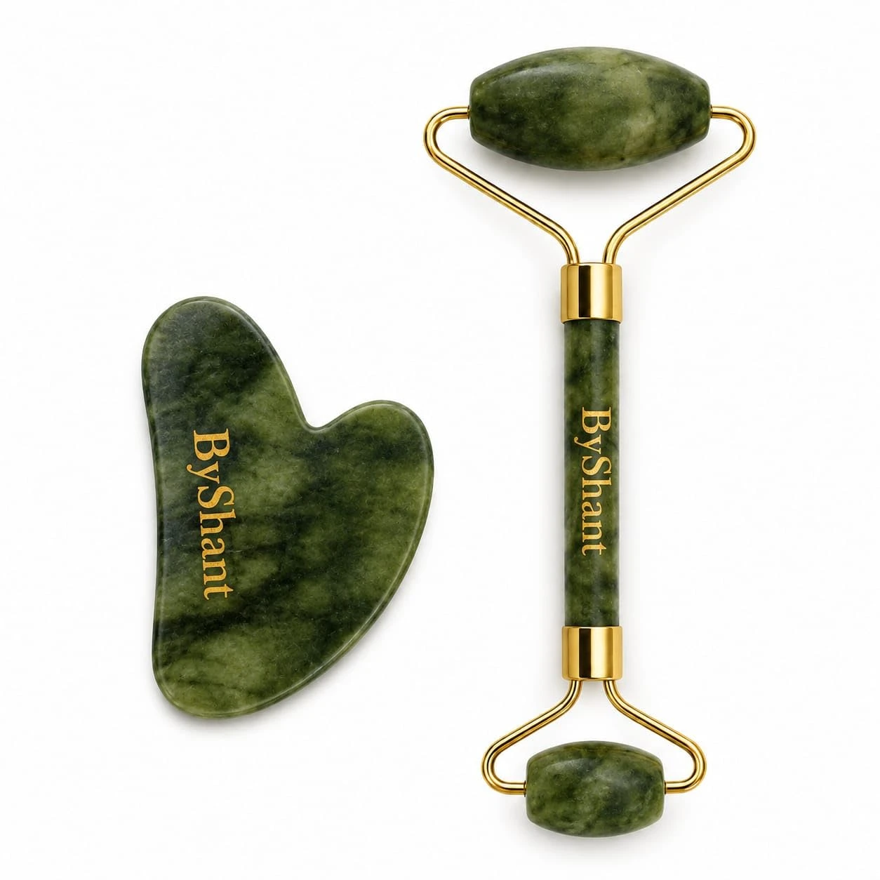 Green ByShant facial roller and gua sha set